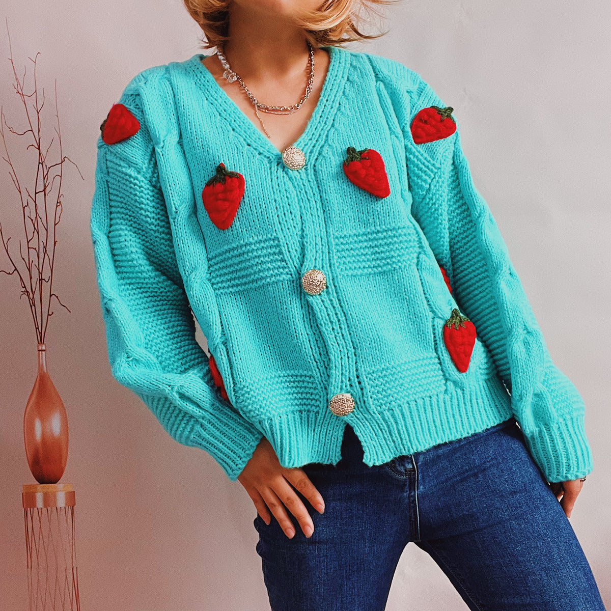 Women's Chic Strawberry Shortcake Knitted Cardigan