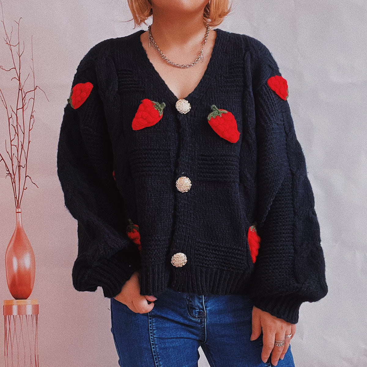 Women's Chic Strawberry Shortcake Knitted Cardigan